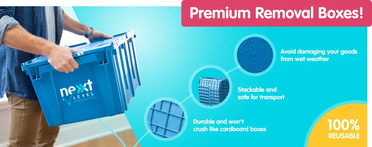 Premium Removal Boxes! Avoid damaging your goods from wet weather. Stackable and safe for transport. Durable and won’t crush like cardboard boxes. 100% reusable