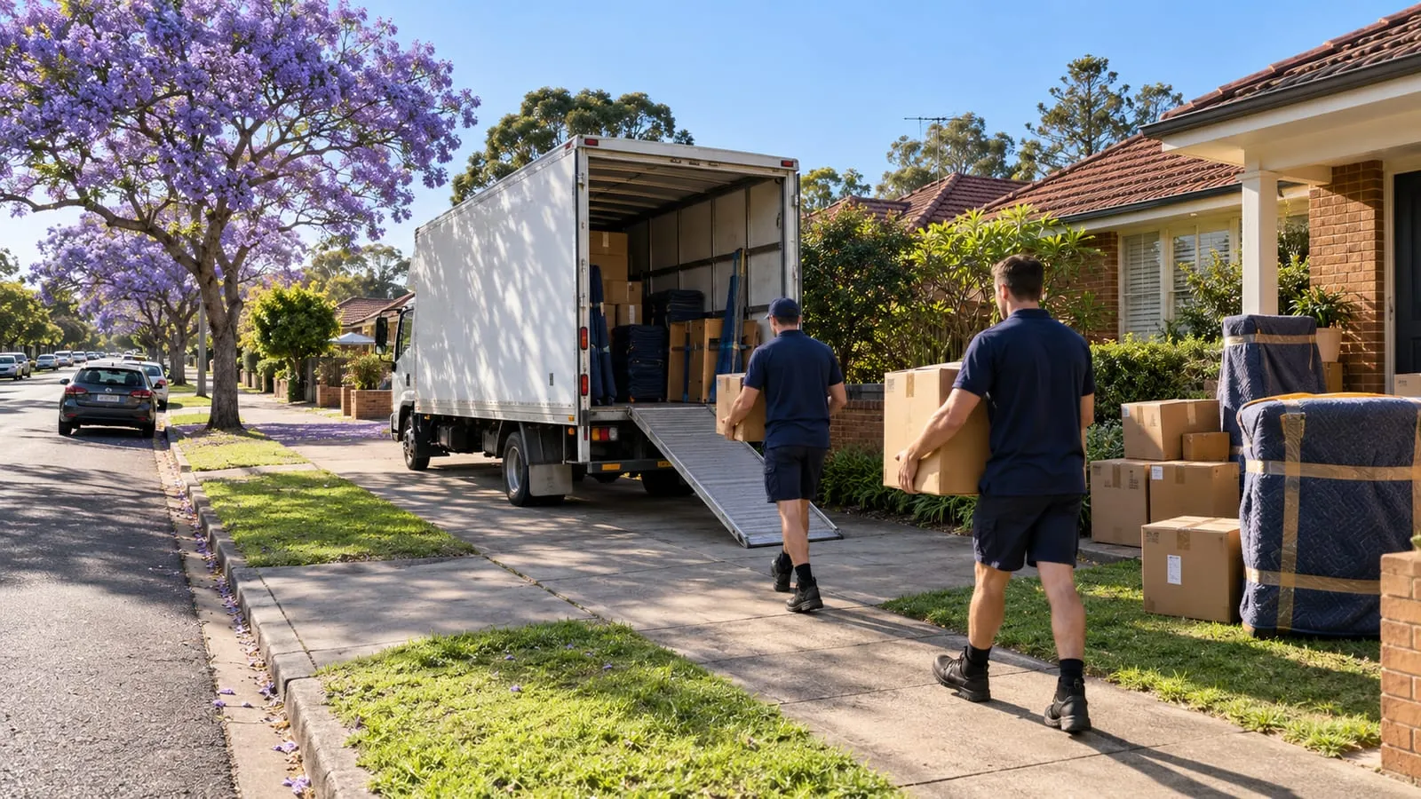 Removalists carrying boxes from a brick house to a truck parked in the driveway on a Sydney street in jacaranda season